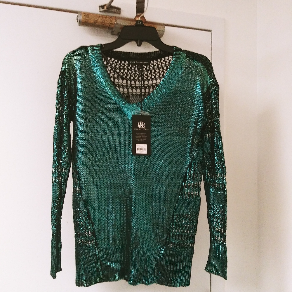 Rock & Republic Teal Metallic crocheted sweater